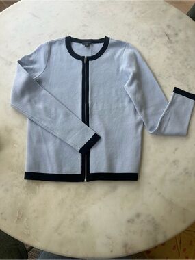 Ann Taylor Factory Pale Blue Zip Cardigan with Navy Trim